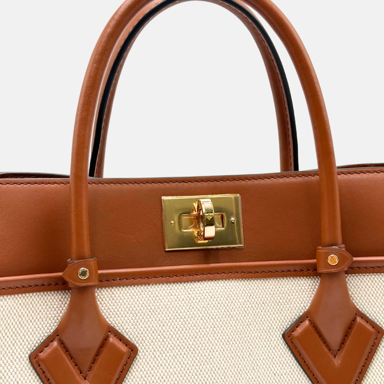 On My Side Tote Brown Calfskin and Cream Canvas